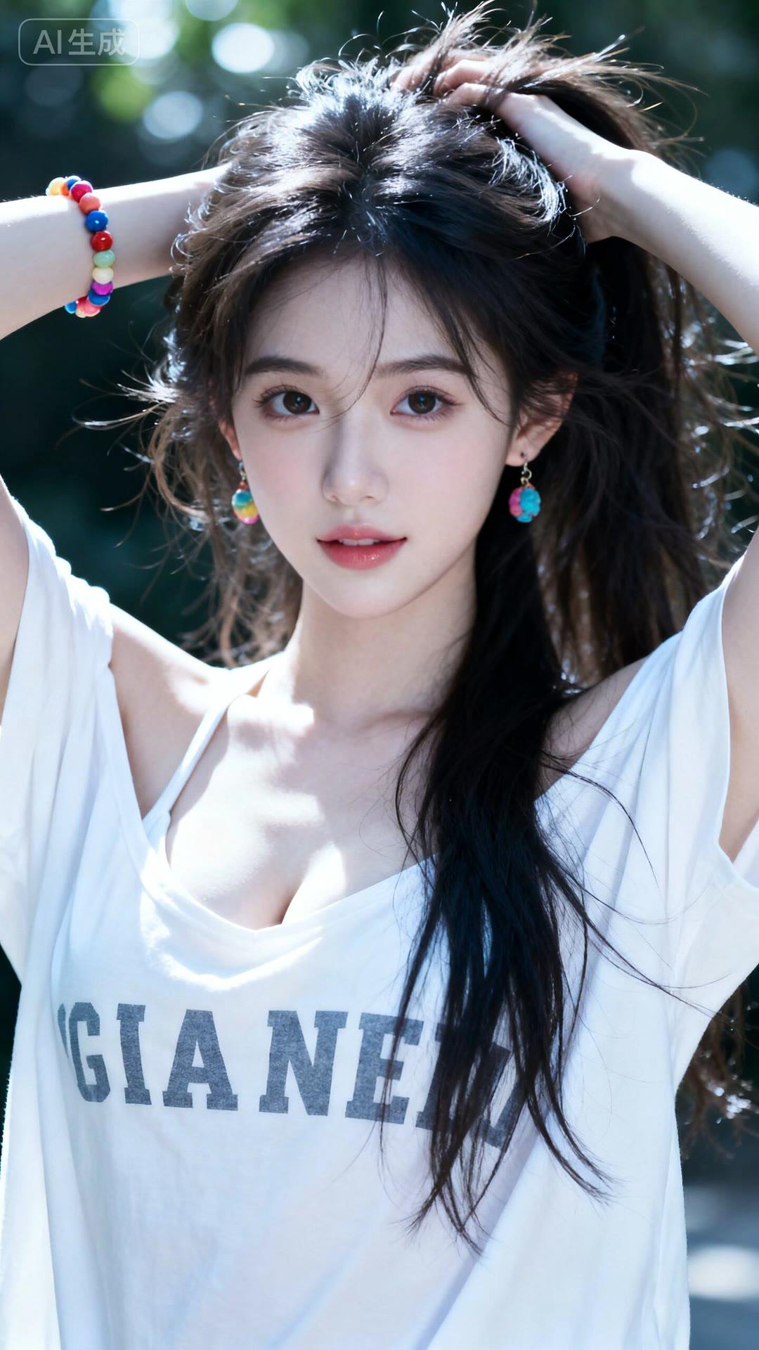 夏日清新少女，白色T恤搭配彩色手链，自然阳光下的甜美瞬间。
