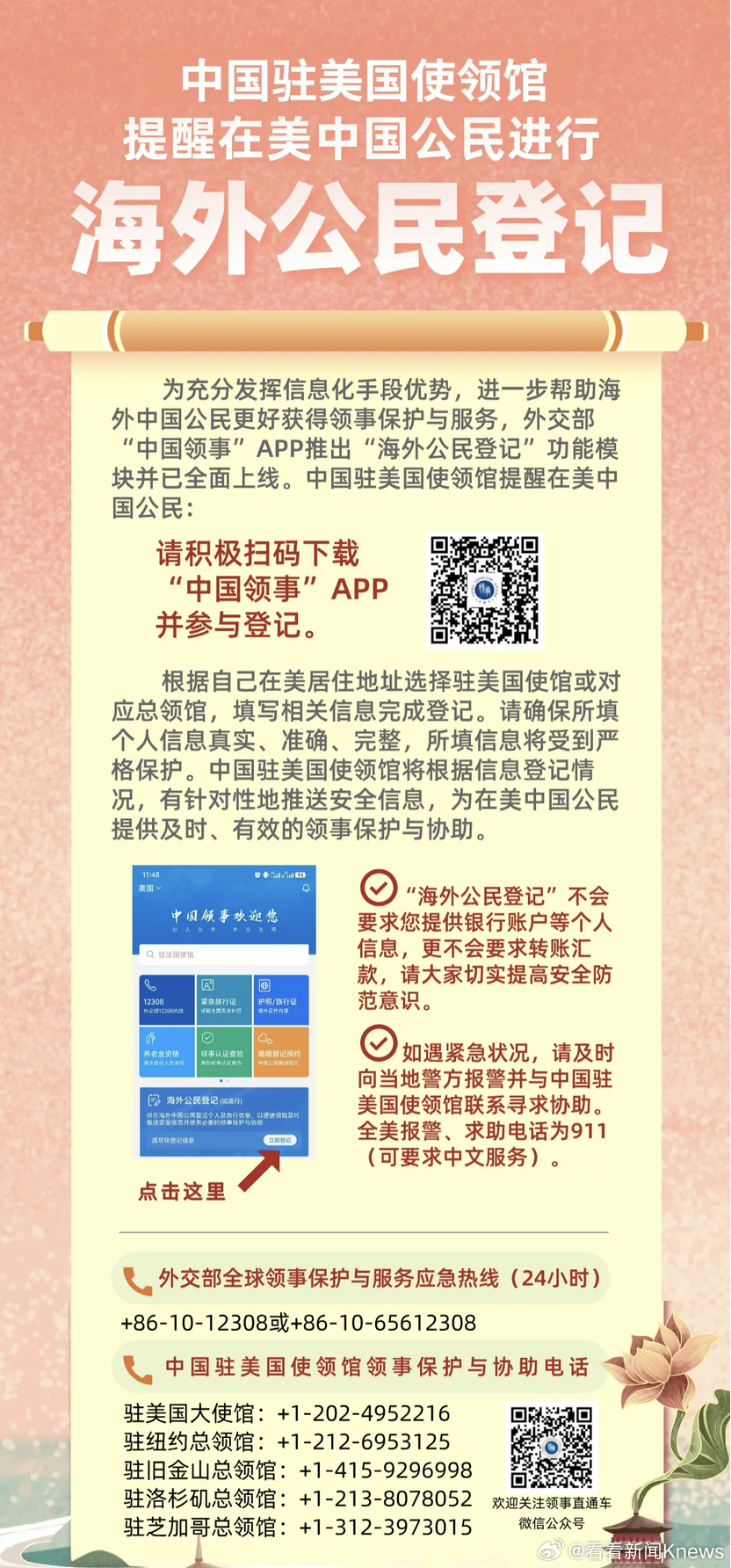 【#我使馆提醒在美公民进行海外登记#】14日，中国驻美使领馆提醒在美中国公民进行