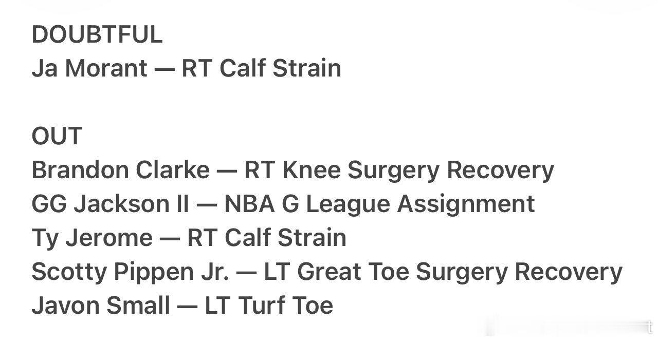 莫兰特状态升级为出战成疑，复出在即！灰熊将在明天早上7点对阵开拓者。