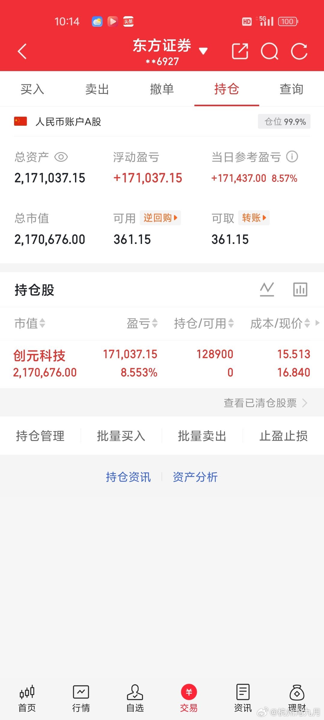 九月不才！200万本金实盘操作，记录翻倍之旅！目前持仓；创元科技以上仅为个人投资