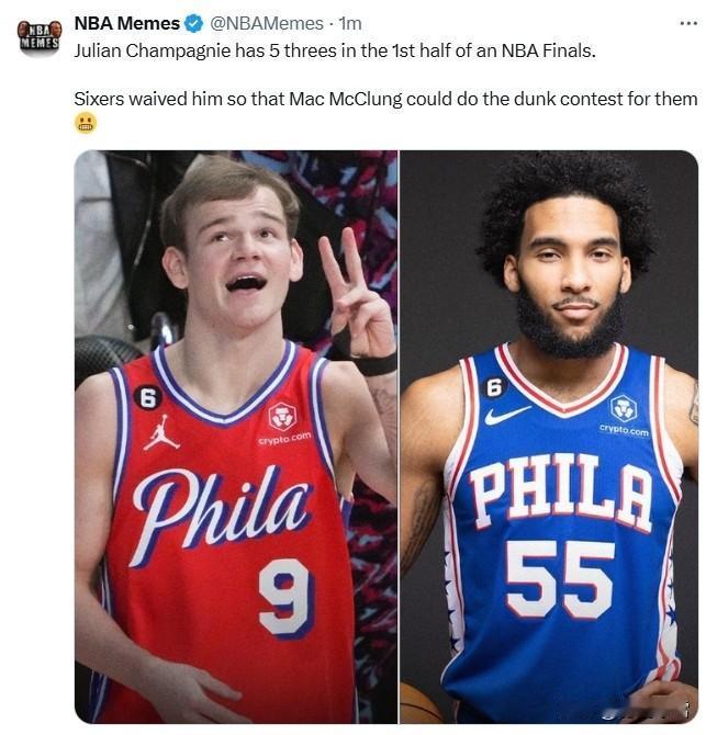 美媒鞭尸：尚帕尼总决赛半场进5三分 76人当初为了扣篮大赛裁掉他
NBA总决赛G