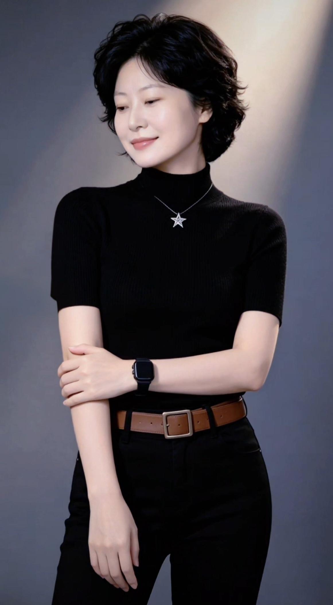 这位女士穿着黑色高领毛衣，搭配棕色腰带，面带微笑。