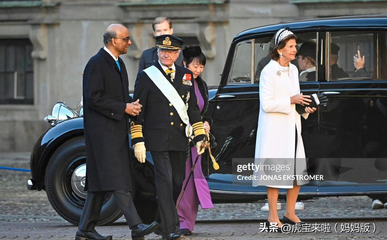 国王夫妇欢迎新加坡总统夫妇的到访。希尔维亚王后的白色大衣裙优雅时尚，内搭选择了白