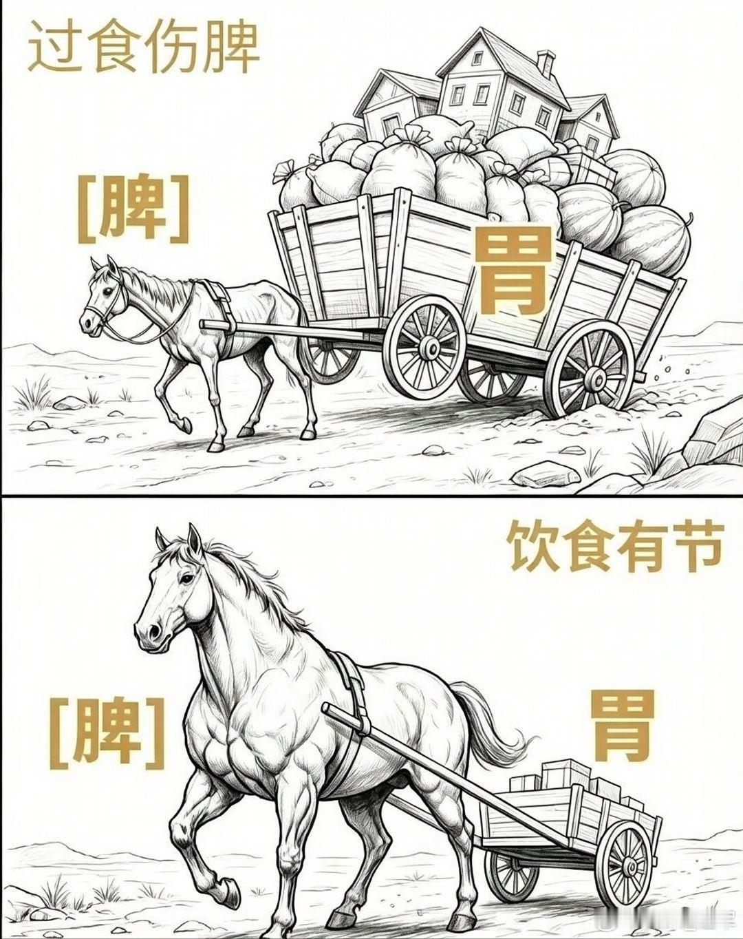 车上堆满粮食……负重超载。👉医理：胃主受纳（装食物），脾主运化（靠马力拉动、消