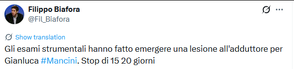 曼奇尼伤情检查结果出炉，右腿内收肌拉伤，缺席15-20天。 