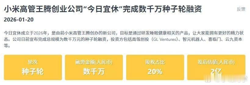 原小米高管王腾新公司估值约2亿  王腾创立的睡眠健康公司“今日宜休”宣布完成数千