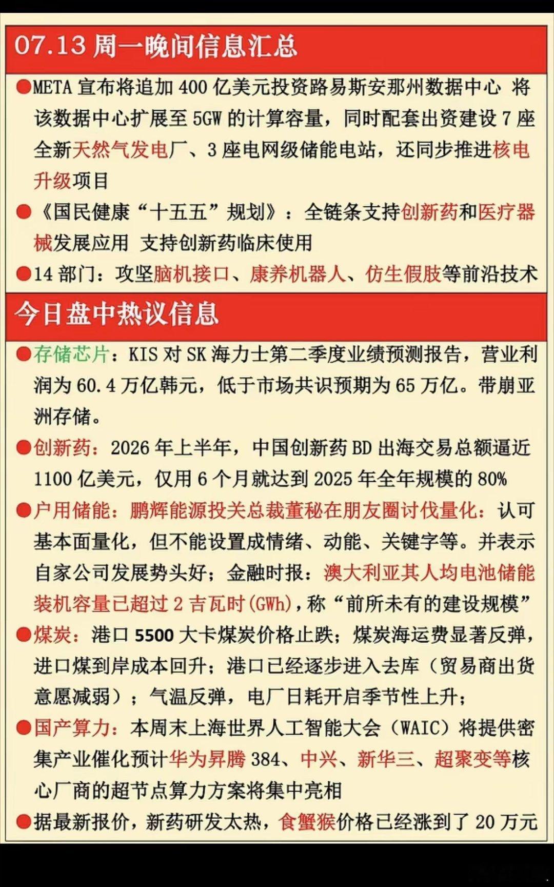 7.13周一  晚间财经热点信息汇总！1.天然气2.创新药3.储能，煤炭4.存储