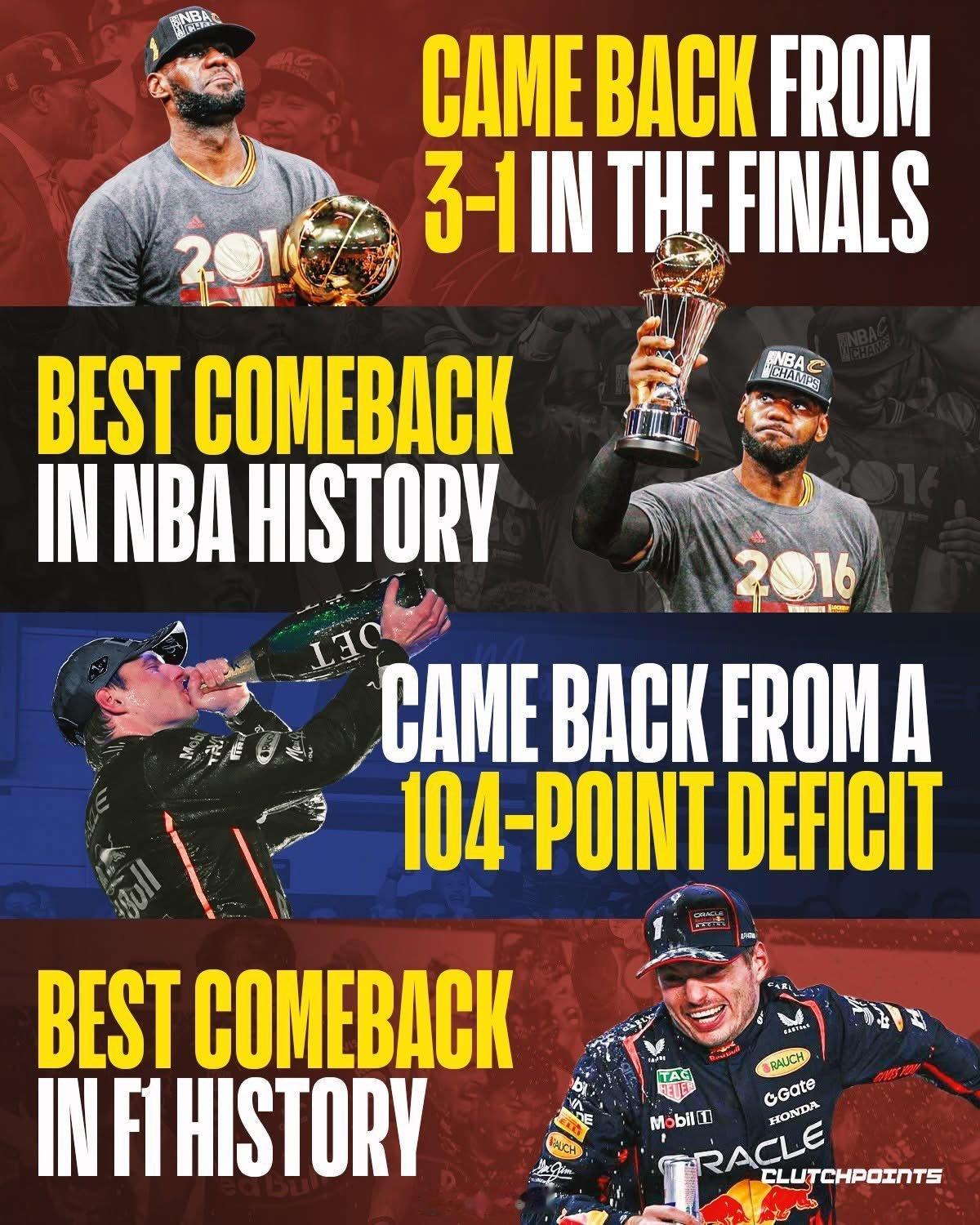 ClutchPoints将维斯塔潘104分大逆转类比詹姆斯当年总决赛的1:3落后