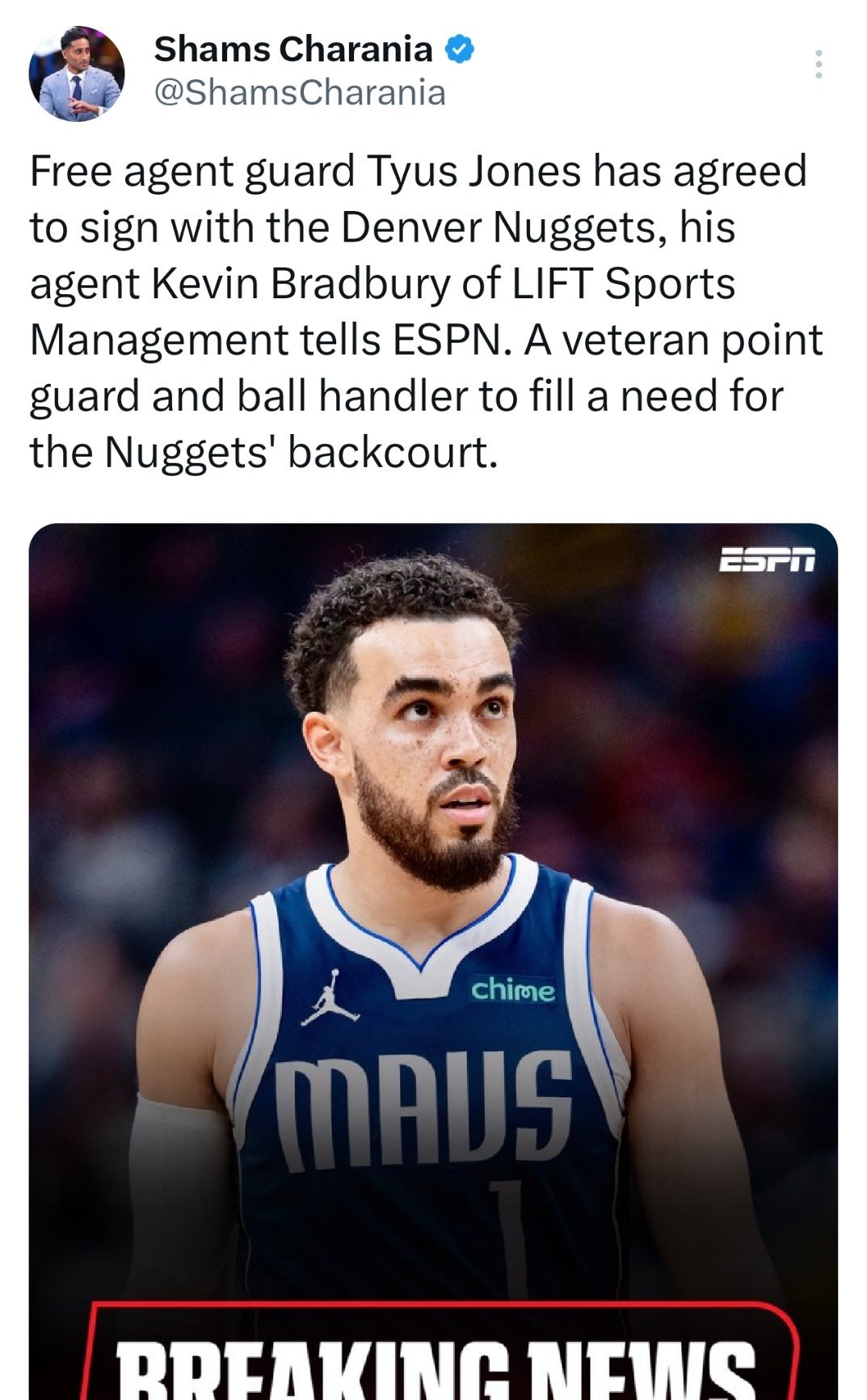 Shams:被买断的泰尔斯-琼斯加盟了掘金 