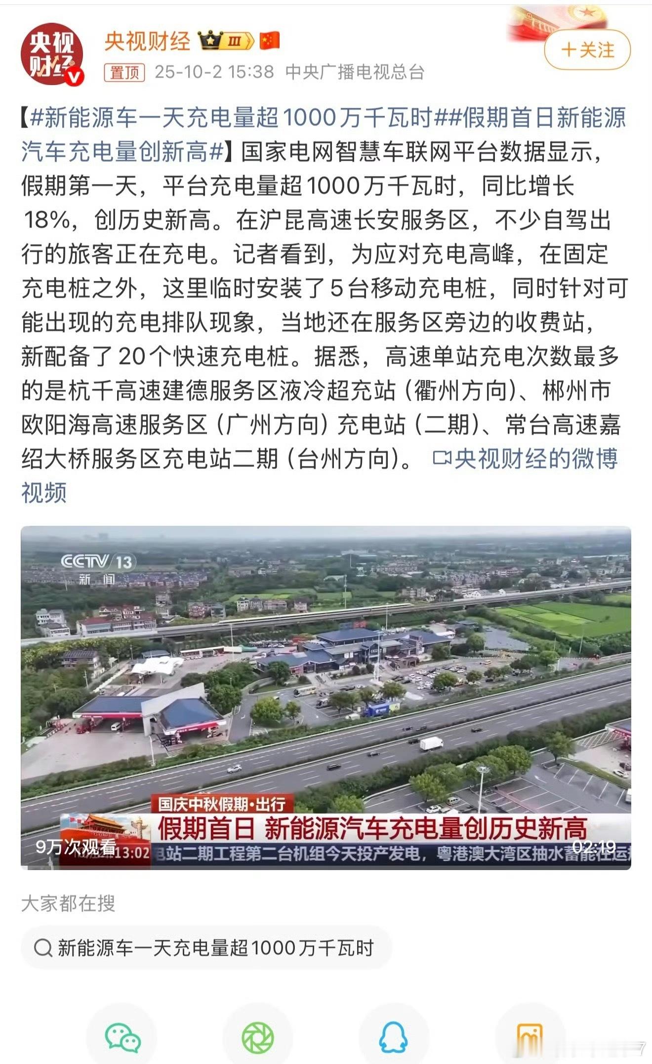 新能源车一天充电量超1000万千瓦时假期第一天，国家电网智慧车联网平台充电量创下
