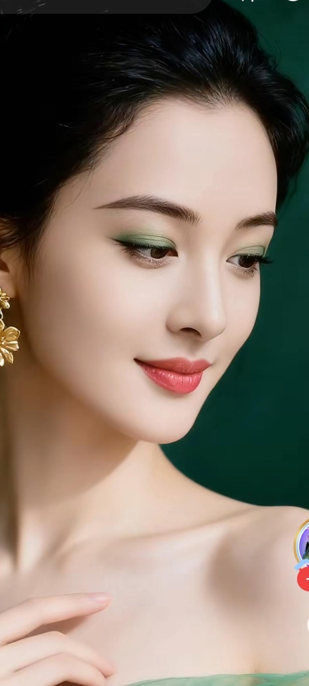 优雅妆容，红唇轻启，尽显东方韵味。