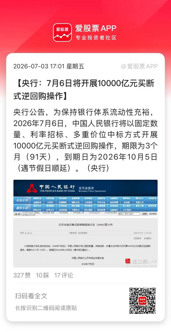 一个利好，央妈终于恢复放水了，下周一开展1万亿元买断式逆回购操作！由于有8000