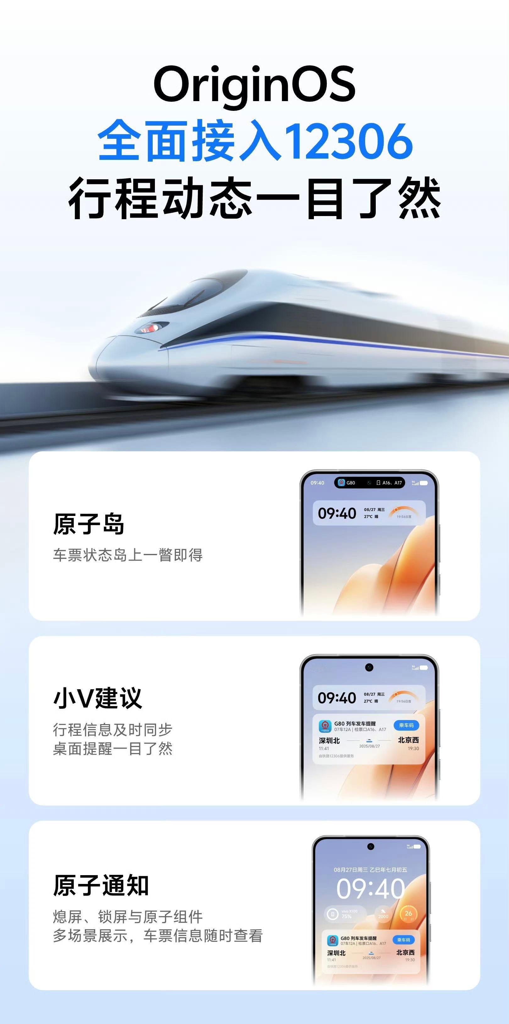 OriginOS 5 全面接入「铁路12306」，原子岛实时显示、小V建议桌面提
