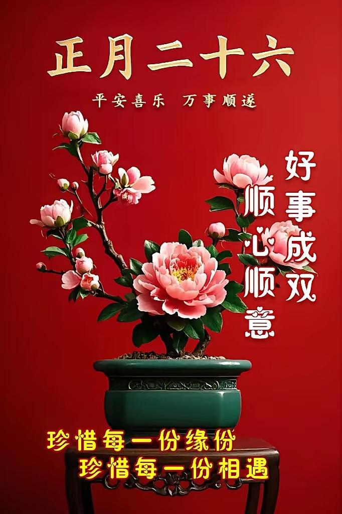 正月二十六愿我们福运绵延、幸福安康、事事皆顺！[玫瑰][福][招财进宝][锦鲤到