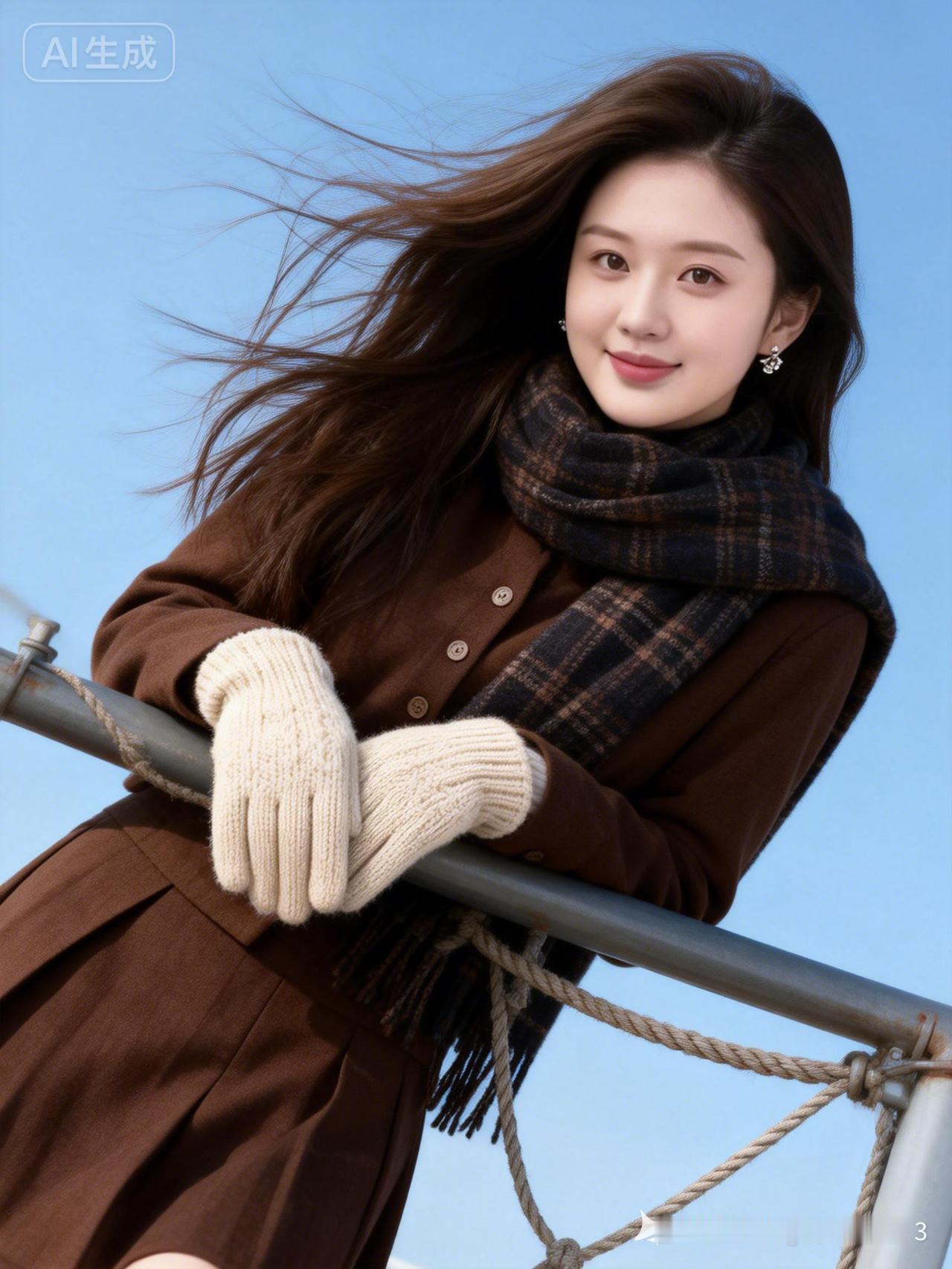 冬日暖阳下，甜美少女倚栏杆，温暖冬日穿搭指南🌞👗🧣