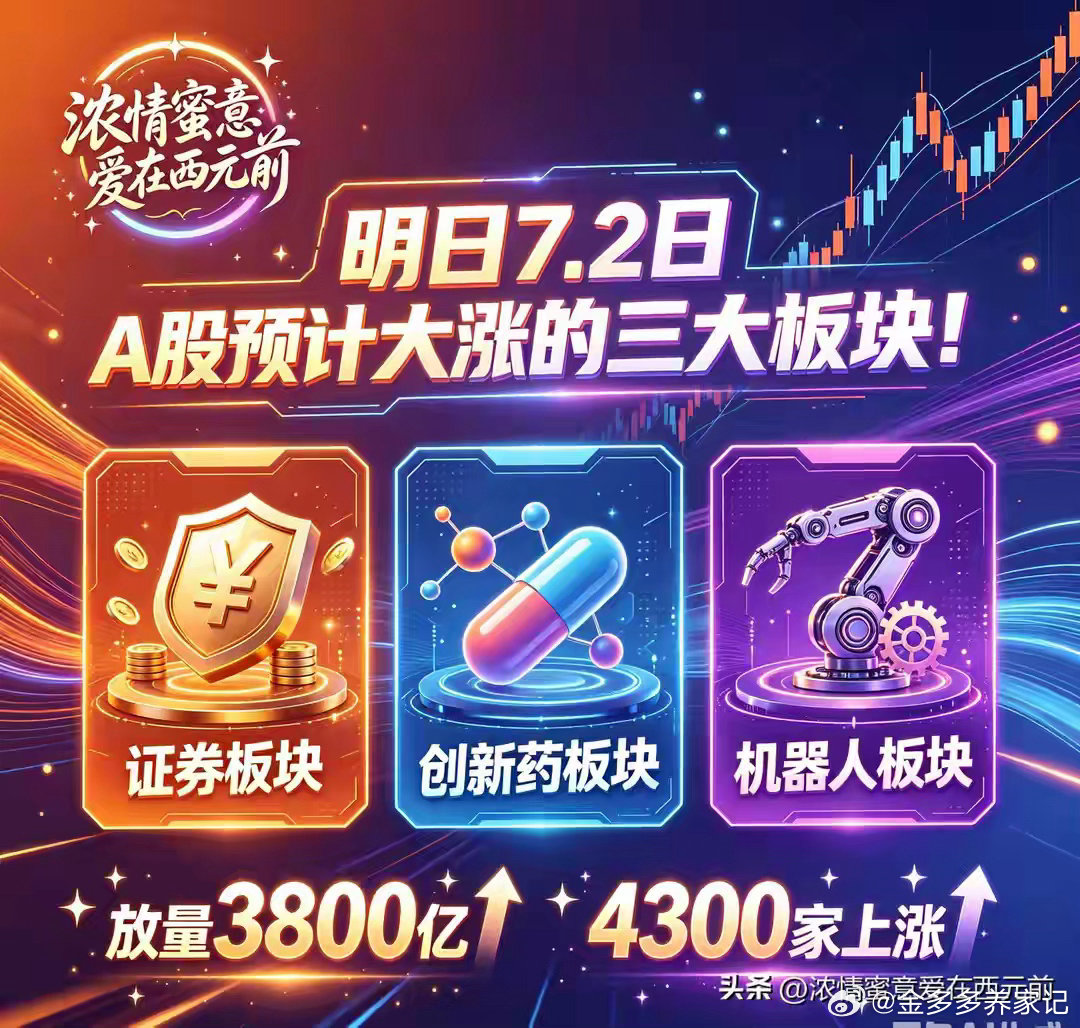 明日7.2日A股预计大涨的三大板块：1、证券2、创新药3、机器人7月1日盘面走出