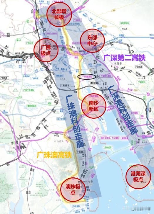 广珠澳高铁与广深第二高铁，犹如粤港澳大湾区“黄金内湾”的两条交通大动脉，把黄金内