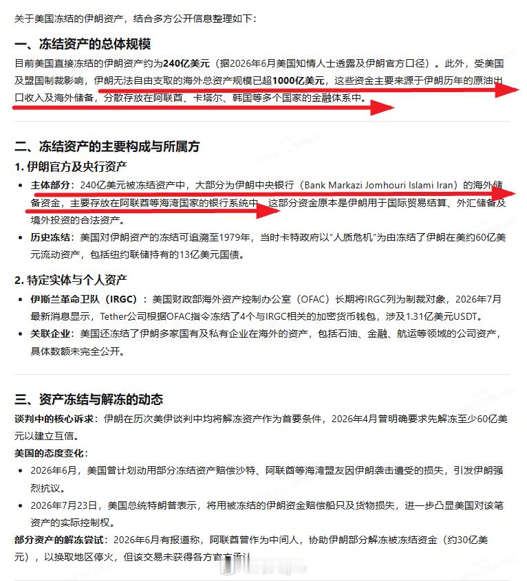 ai搜索的资料：目前美国直接冻结的伊朗资产约为240亿美元（据2026年6月美国