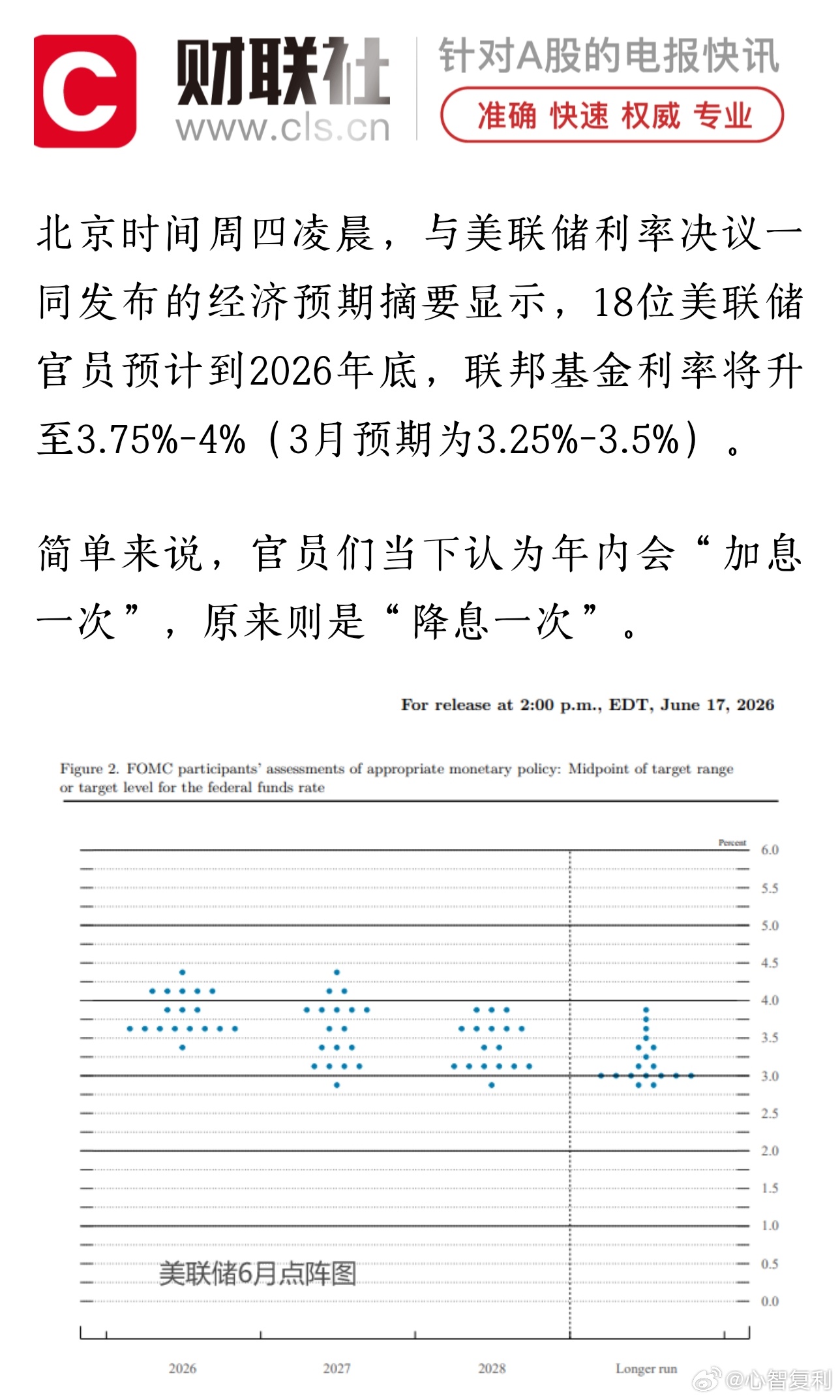 美联储维持利率3.5%-3.75%不变，点阵图显示官员预期2026年底至少加息一