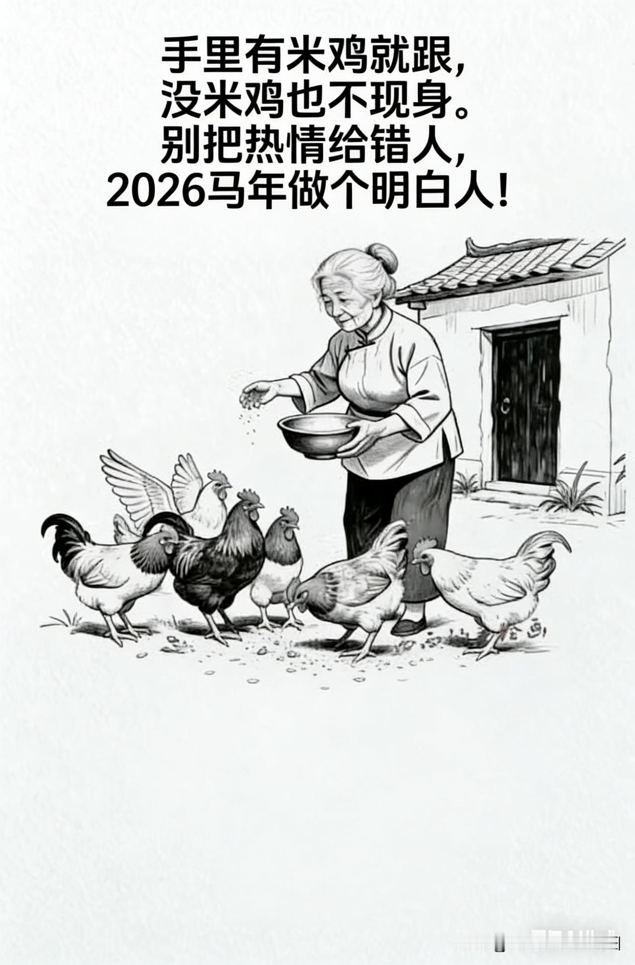 看到一句话
手里有把米
鸡便会跟你
但你要明白
鸡所求的
从来不是你
而是那把米