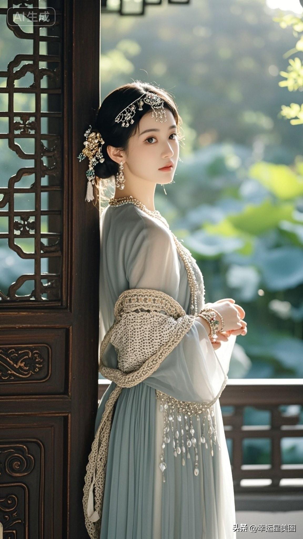 优雅少女，古风长椅，自然背景，唯美意境