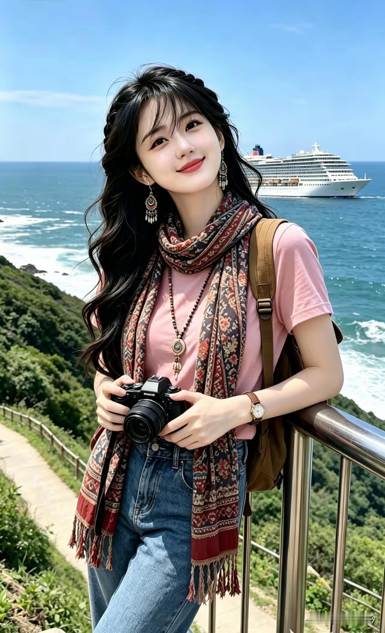 海边少女与邮轮的浪漫邂逅🌊📸