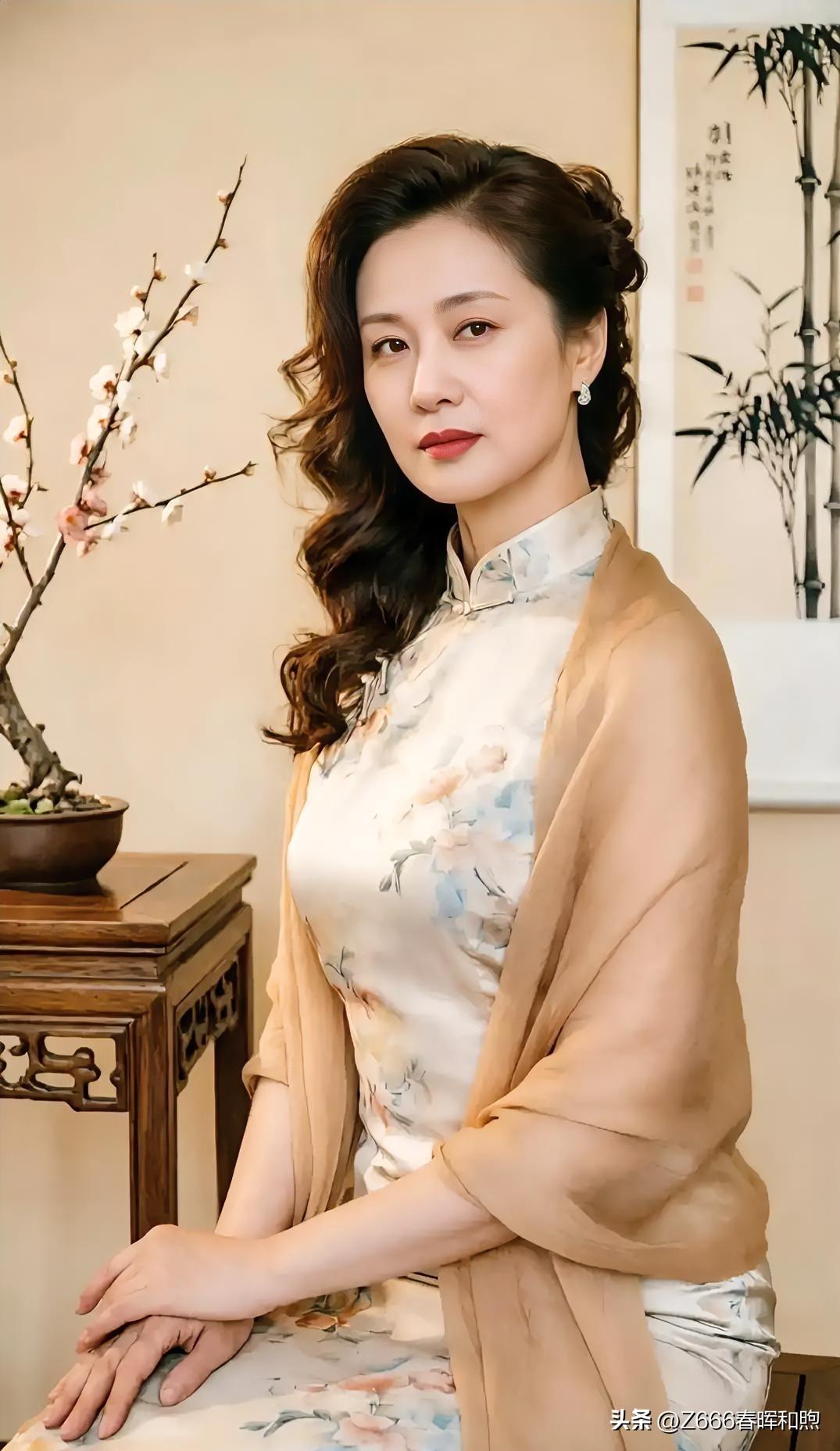 素雅花旗袍配杏色披肩，发髻轻挽。梅竹为伴，静谧安然，于中式雅韵中透出温婉从容。