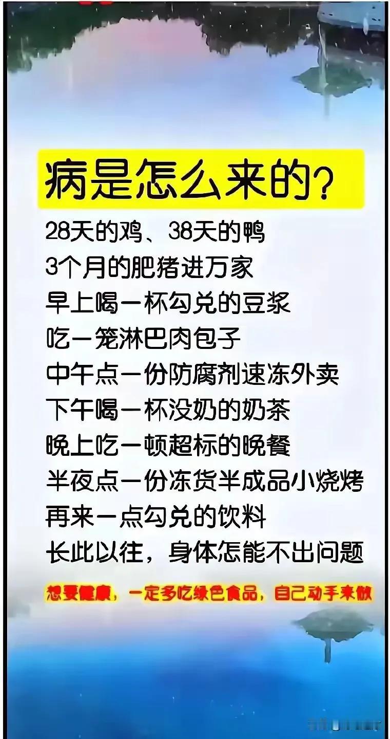 28天的鸡，38天的鸭，三个月的肥猪进万家，在这个追求功利化的时代下，怎么吃都不