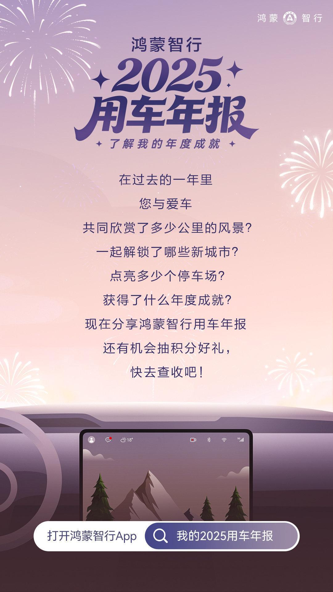 蒙智行2025用车年报新鲜出炉，快来查收您与爱车的年度回忆；愿新年胜旧年，鸿蒙智