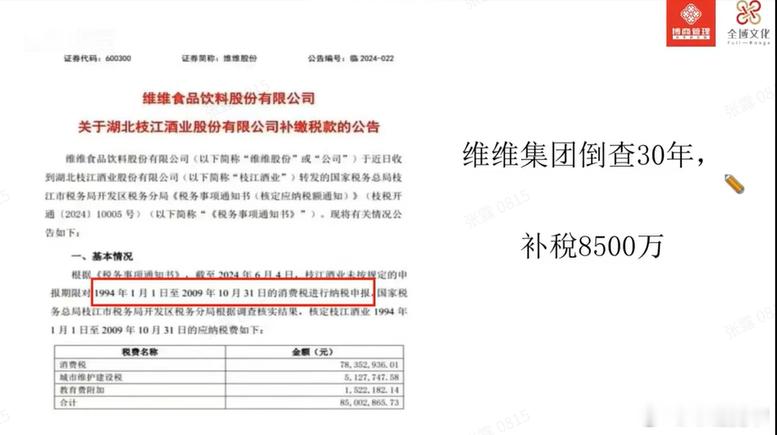 宽窄观察 针对维维股份子公司枝江酒业被追缴8500万税款的事件，你怎么看？维度一