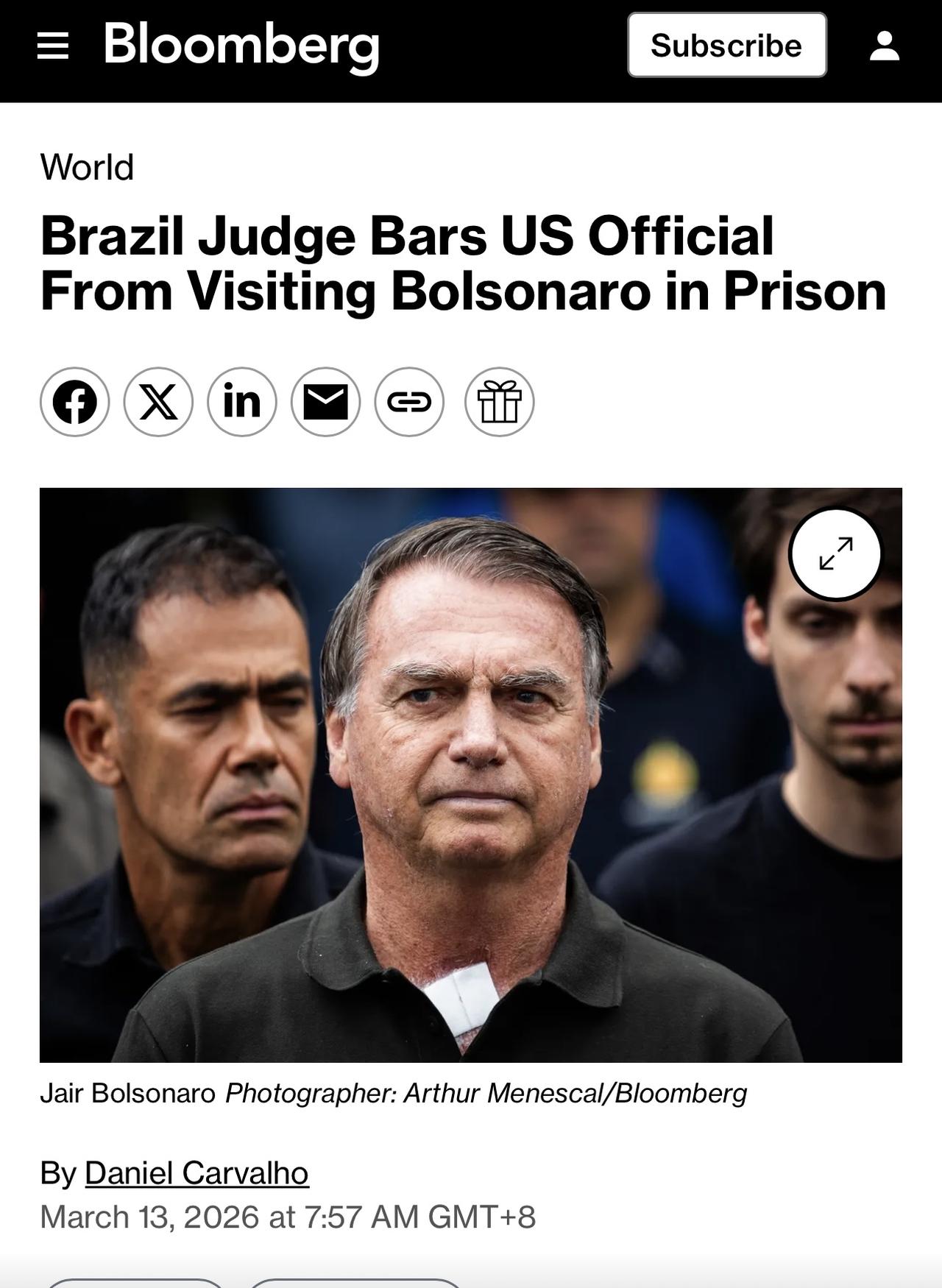 巴西最高法院大法官亚历山大·德·莫拉斯禁止一名美国国务院官员访问右翼前总统杰伊尔