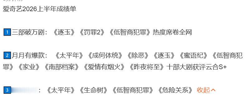 爱奇艺2026上半年成绩单 爱奇艺上半年三部破万剧《逐玉》《罚罪2》《低智商犯罪