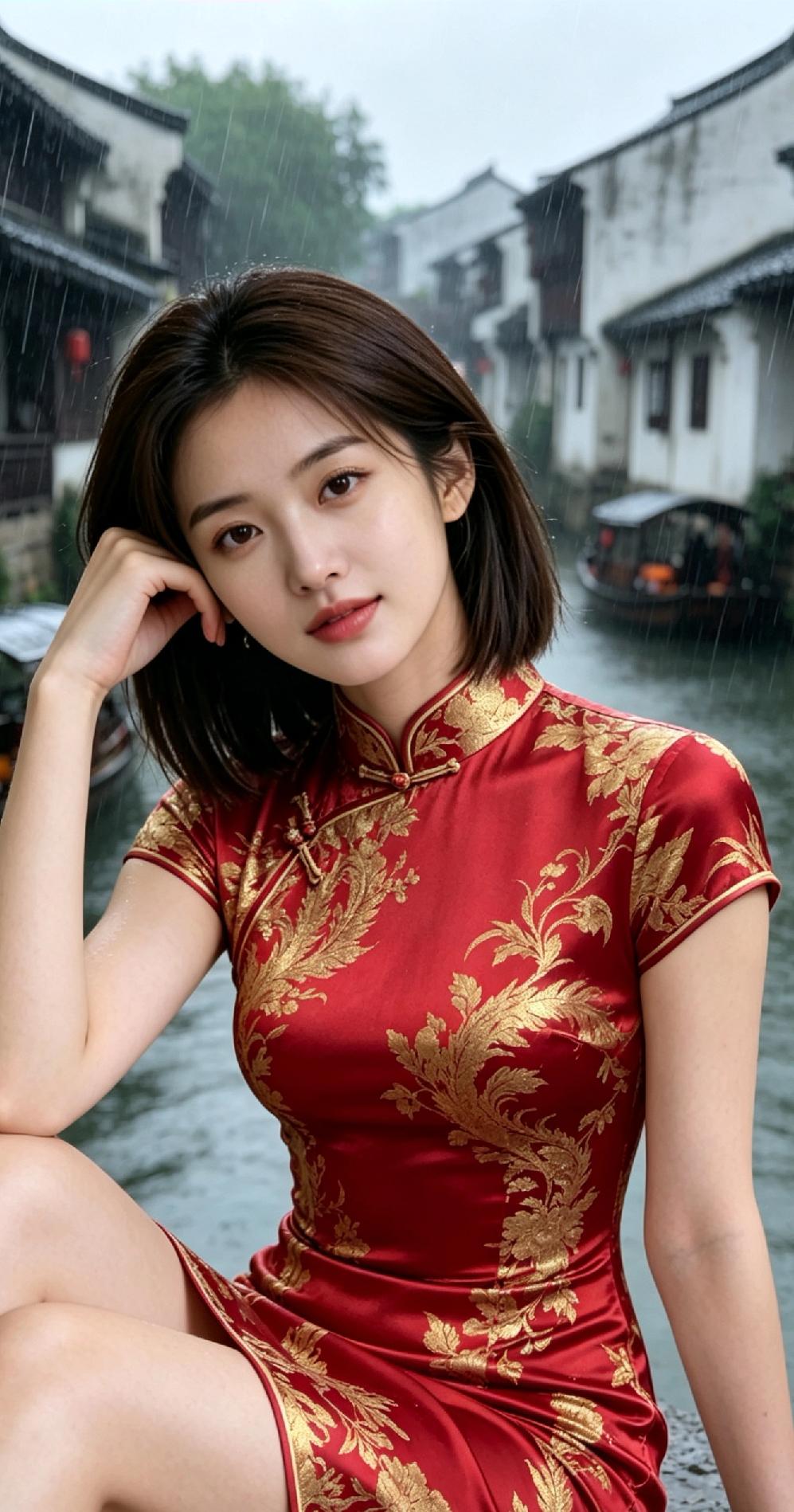 雨中漫步，红衣美人，江南水乡的诗意与柔情。