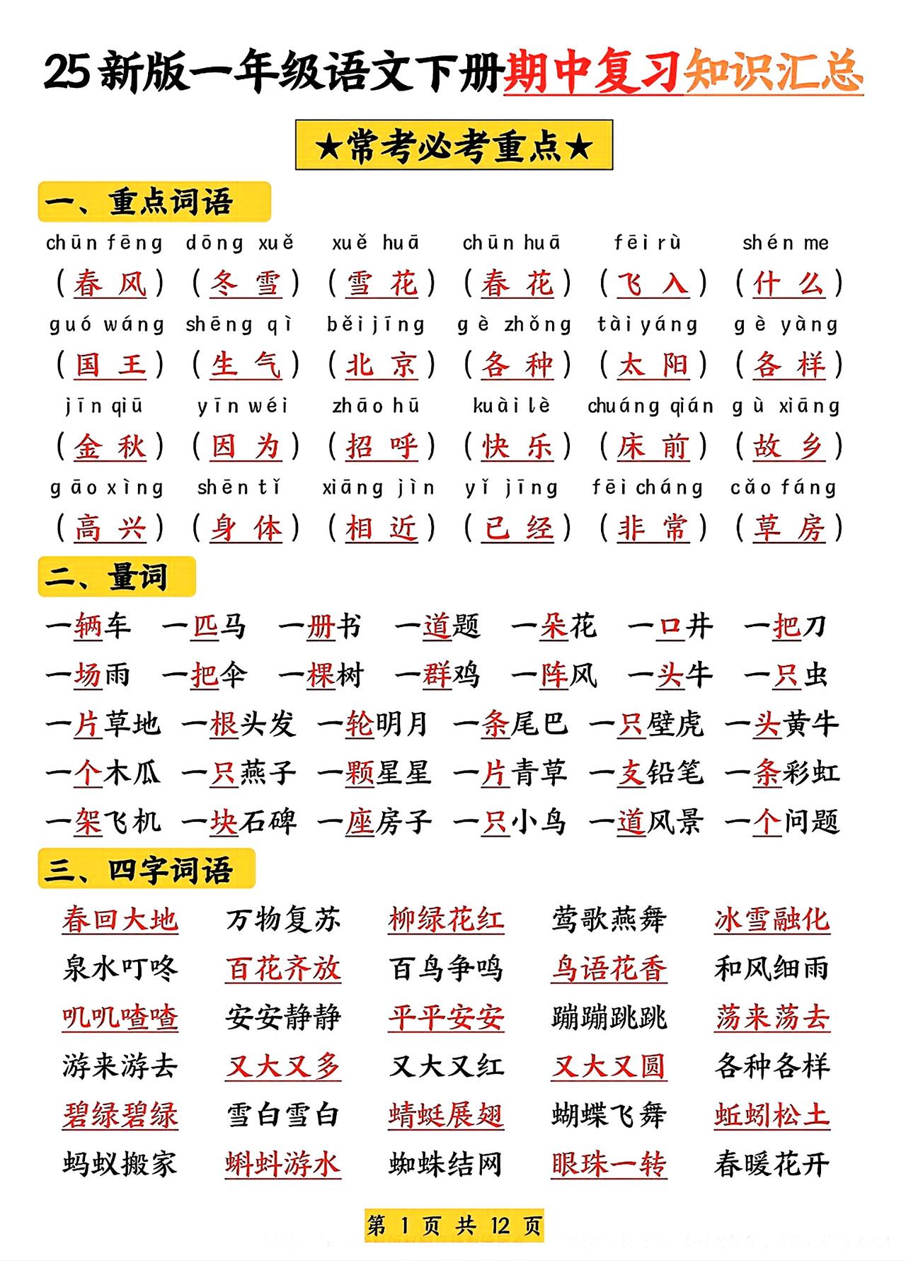 一年级下册语文期中复习，看拼音写词语、量词、四字词语、特殊词语、多音字组词、近义