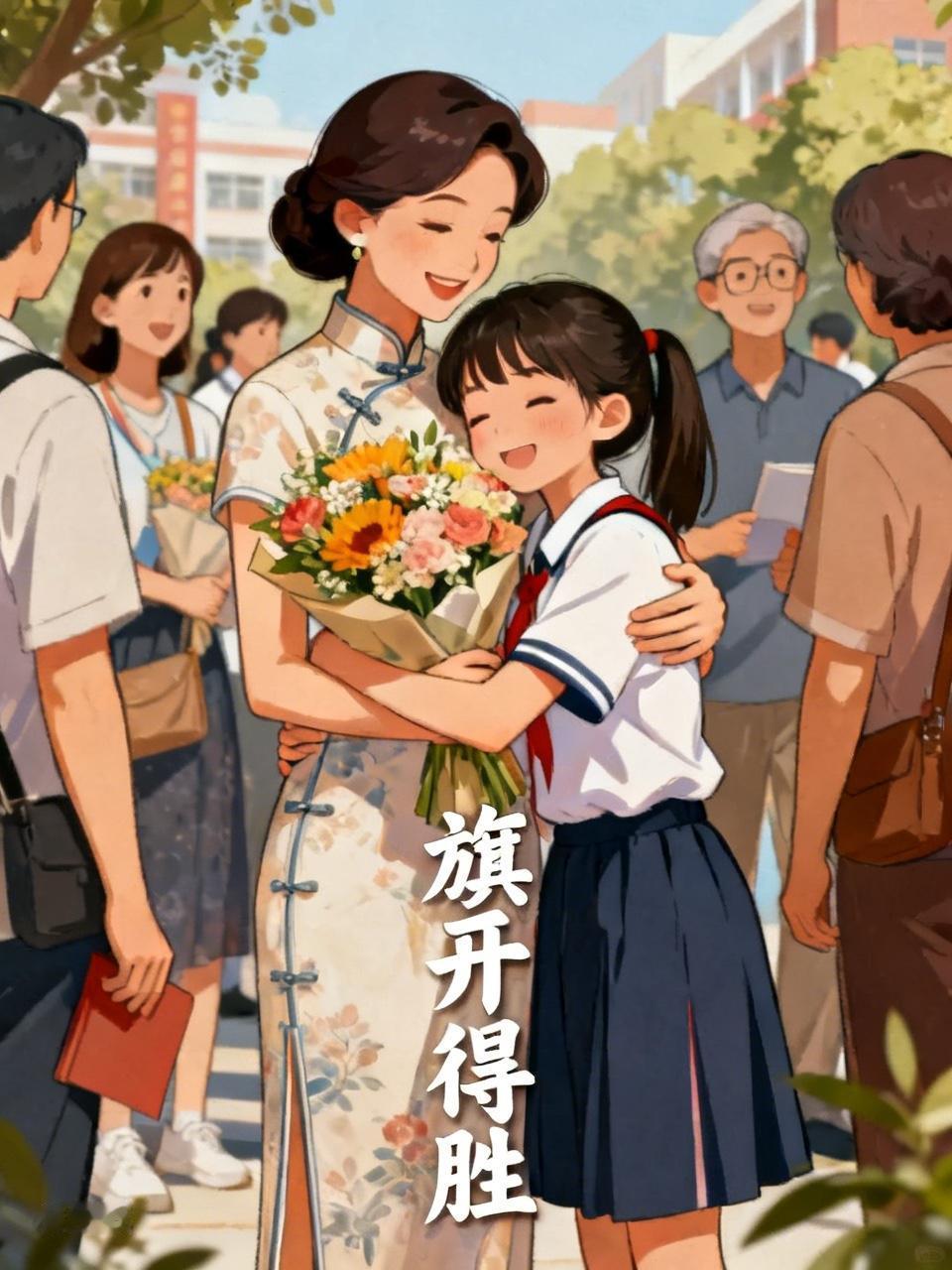 我见过最暖心的送考瞬间，是一位妈妈穿着旗袍，手捧鲜花在考场外等候。她脸上洋溢着温