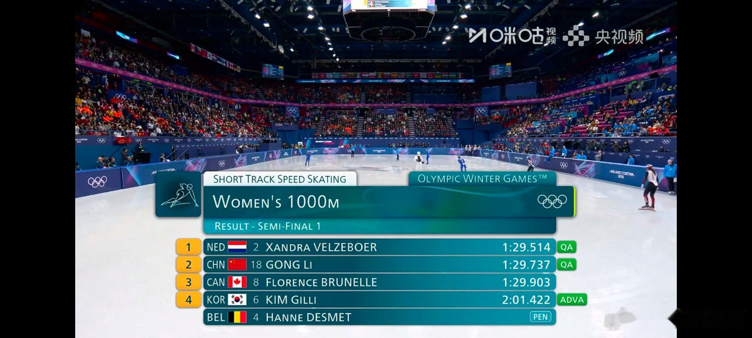 全民聊冬奥 米兰冬奥会短道速滑女子1000米半决赛公俐晋级FINAL A 冬奥短