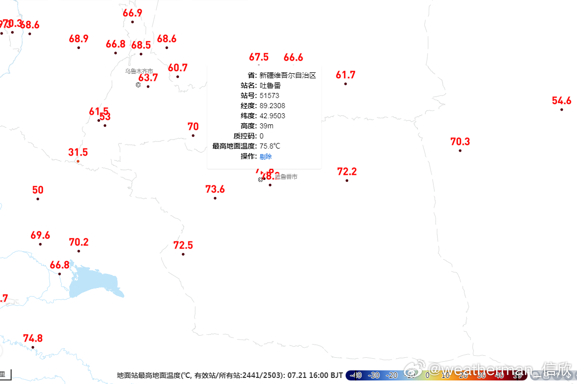 【地温】今天下午，新疆、四川盆地部分站点的地表温度超70℃。14-15时最高地表