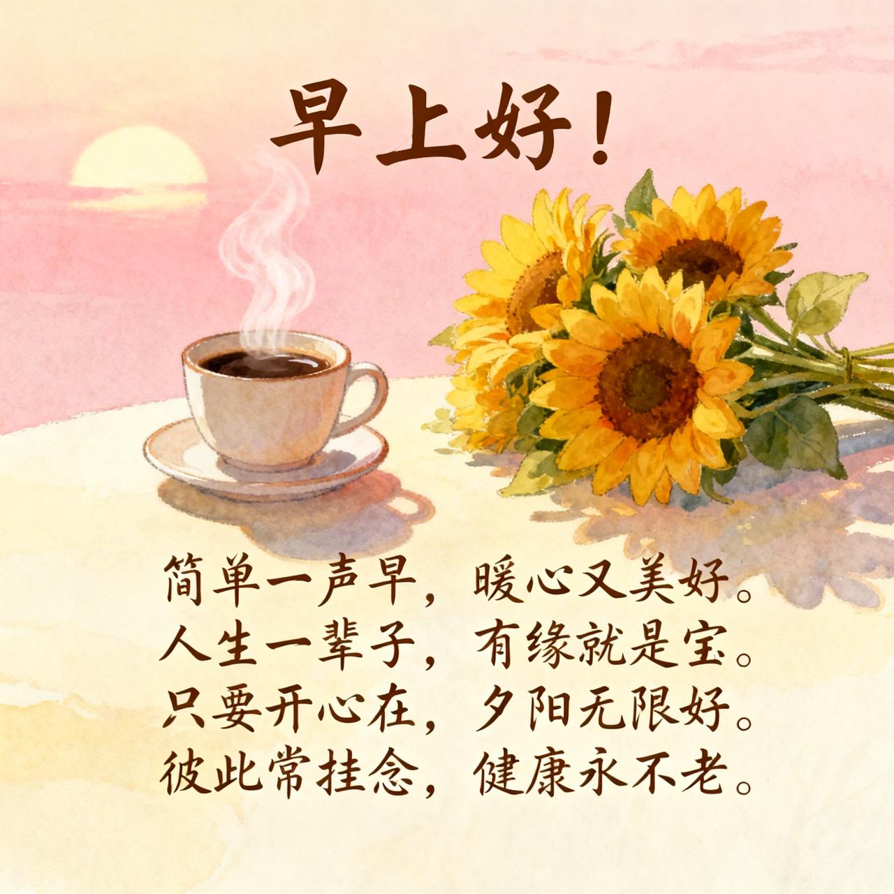 今日打卡早安心语简单一声早，暖心又美好。人生一辈子，有缘就是宝。只要开心在，夕阳