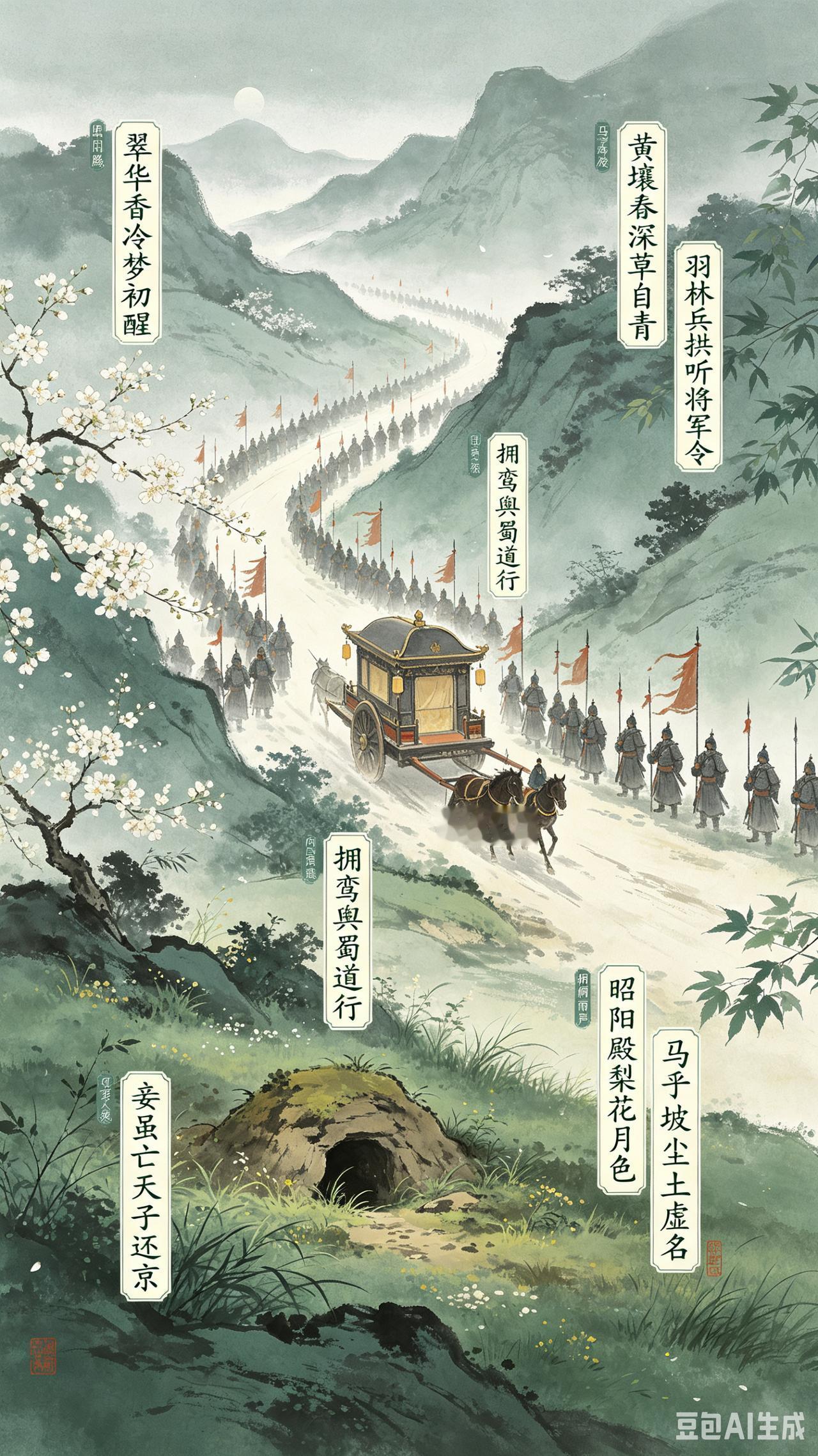 《双调》水仙子马嵬坡、徐再思。
翠华香冷梦初醒，
黄壤春深草自青。
羽林兵拱听将