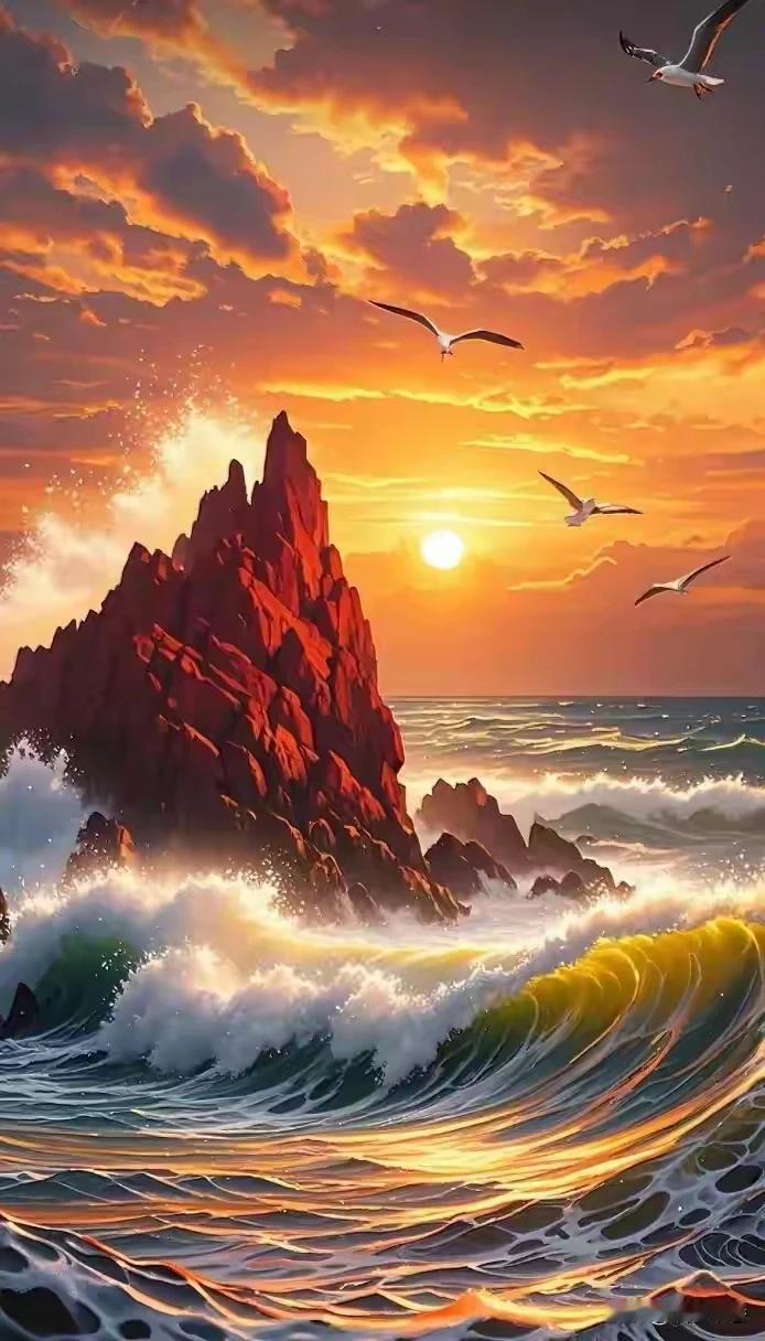 上联：一轮红日撞潮浪
下联：几只海鸥搏狂涛
这下联与上联呼应，海鸥搏涛的画面尽显