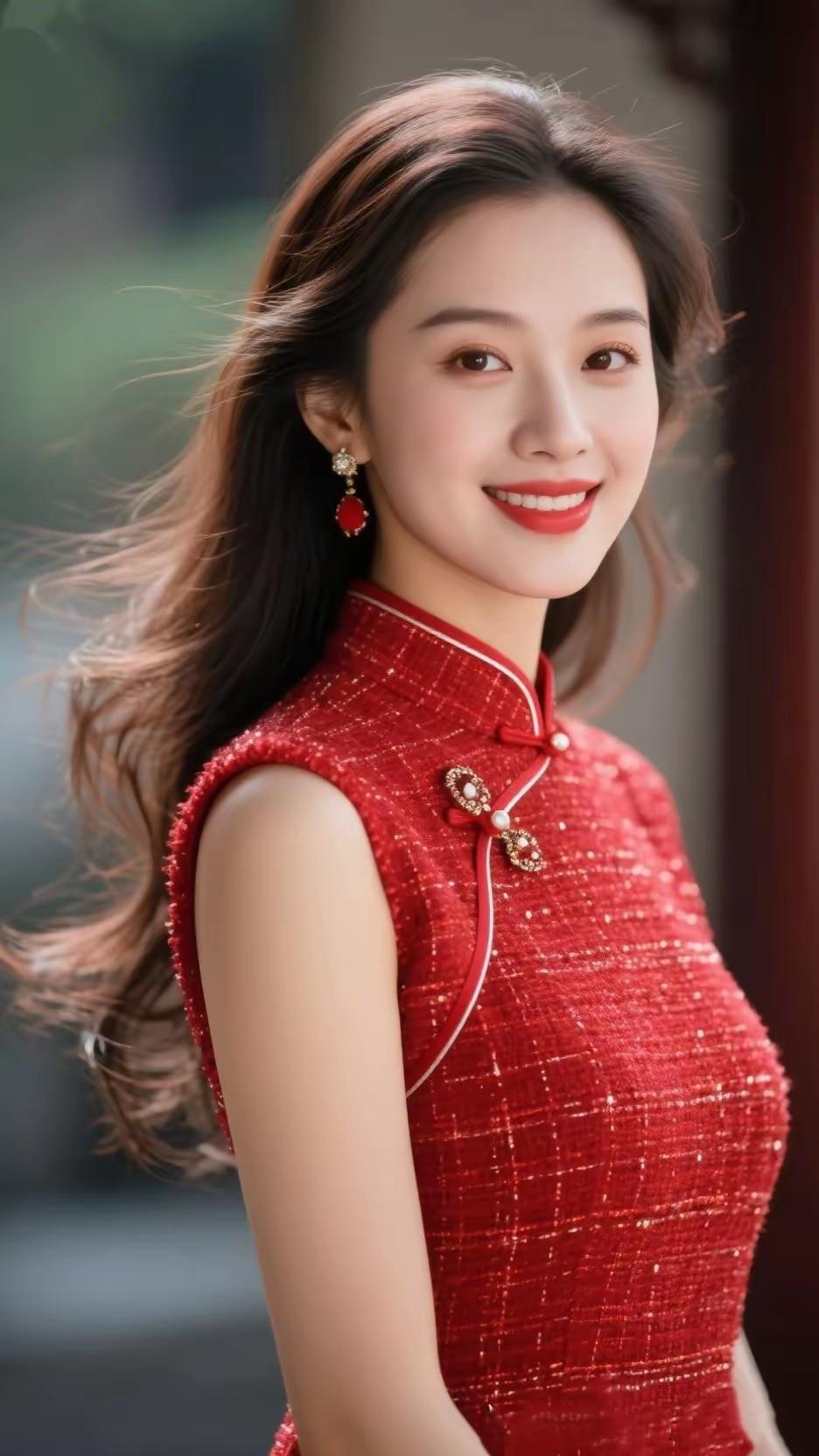 优雅红衣女子，笑靥如花，尽显东方韵味