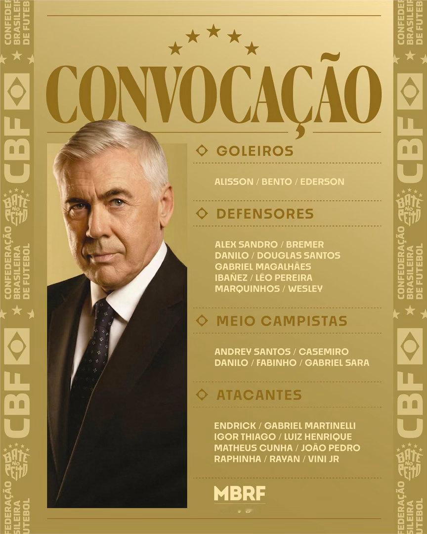 巴西國家隊最新名單🧾🇧🇷賓福特前鋒伊哥泰亞高、加拉塔沙雷中場加比爾沙拿、般