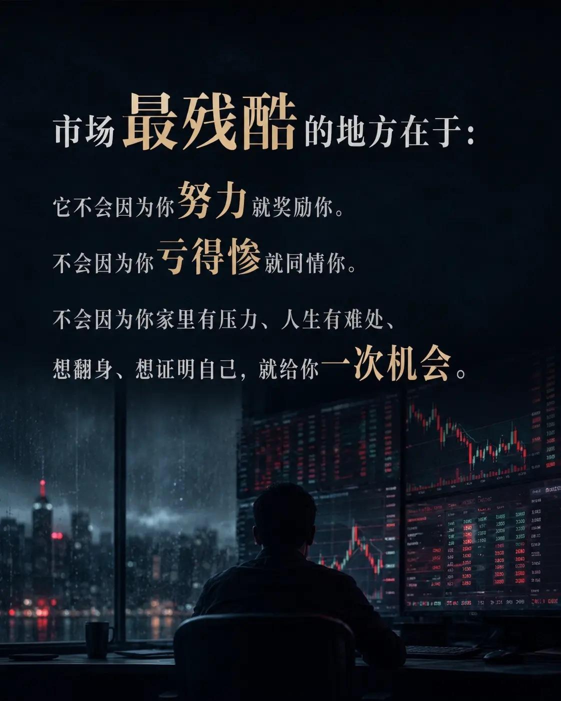 市场最残酷的地方在于：它不会因为你努力就奖励你。不会因为你亏得惨就同情你。不会因
