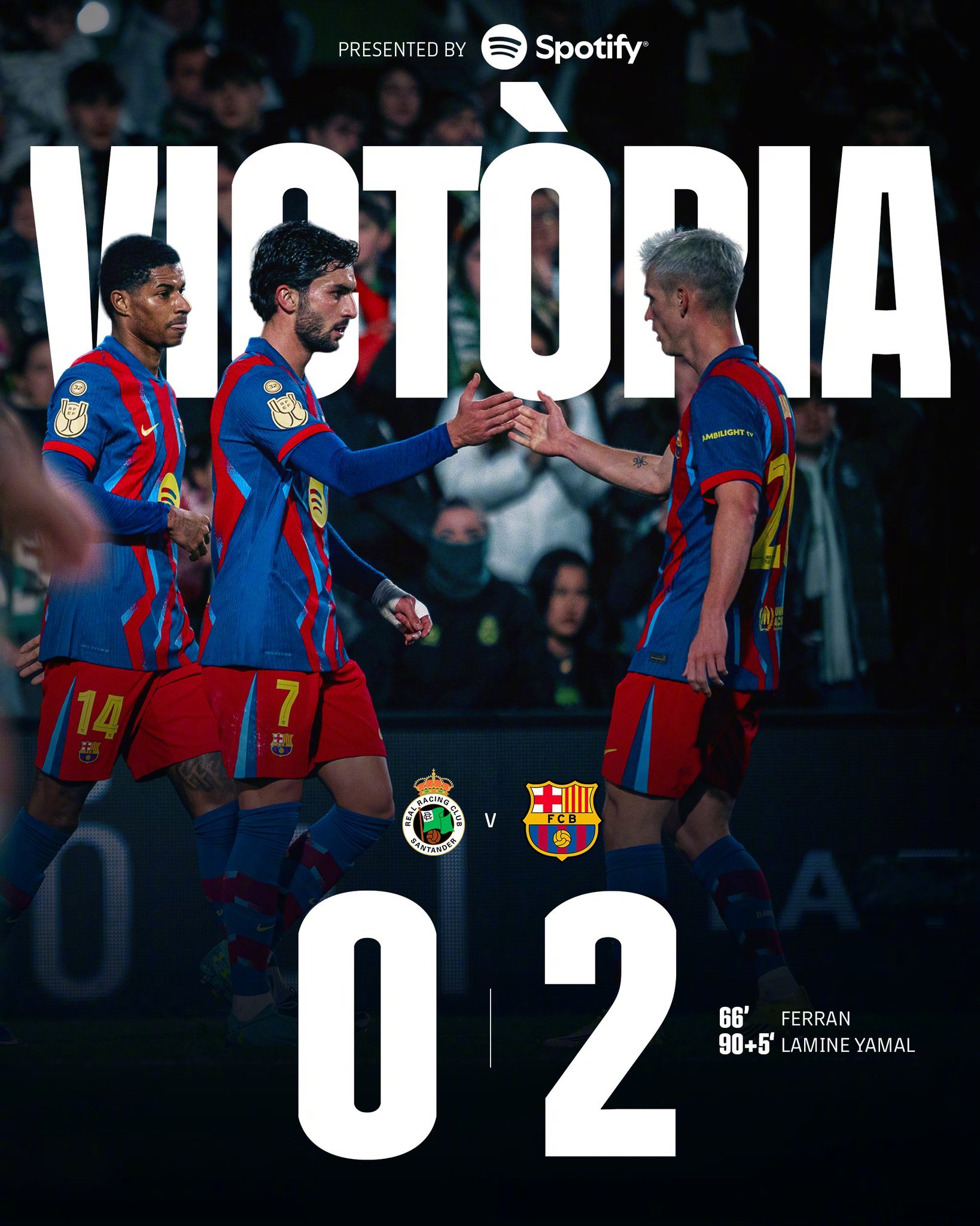 桑坦德vs巴萨全场比赛结束，巴萨客场 2:0 战胜桑坦德竞技，顺利晋级国王杯下一