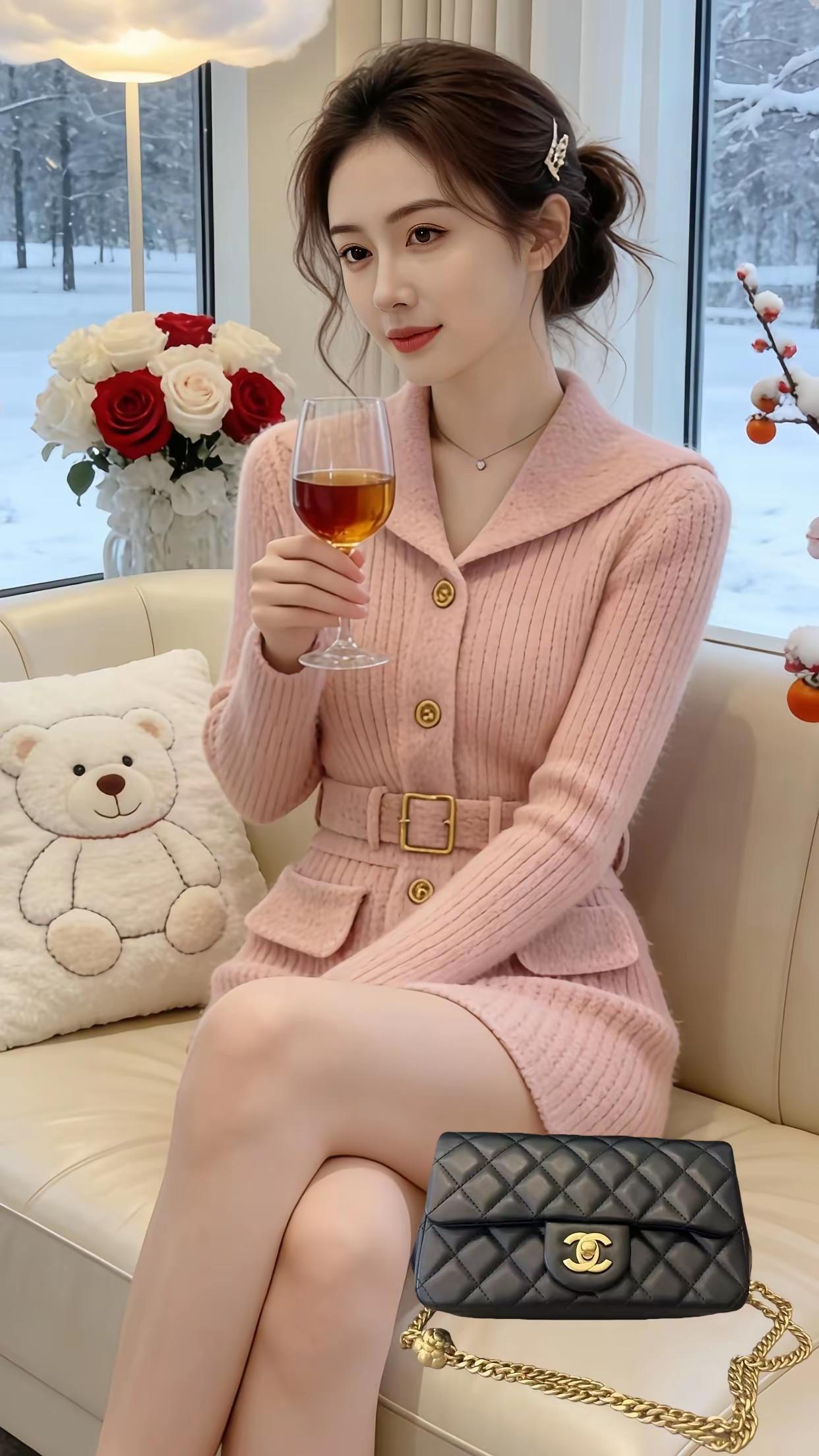 冬日暖阳下，优雅粉裙与香槟相伴，尽显温柔与浪漫。