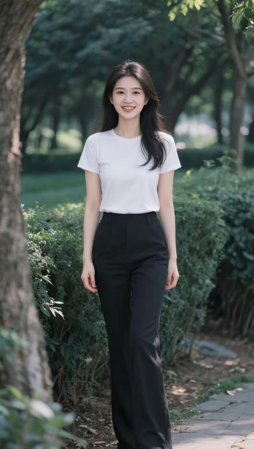 夏日清新穿搭，简约白T恤+黑色阔腿裤，轻松自在，享受自然时光。🌿💙