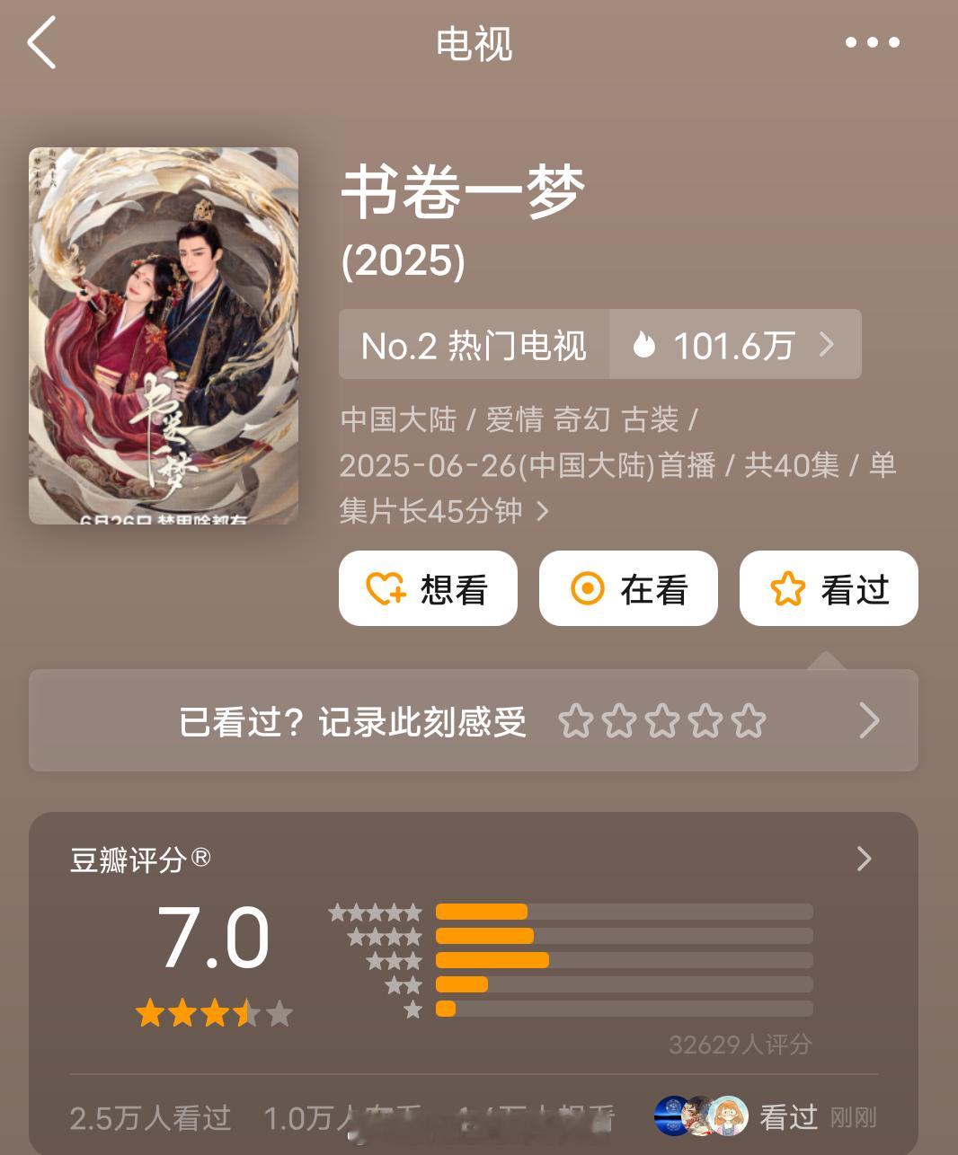李一桐、刘宇宁《书卷一梦》豆瓣开分7.0分，3万+打分。你们觉得这个分数合理吗？