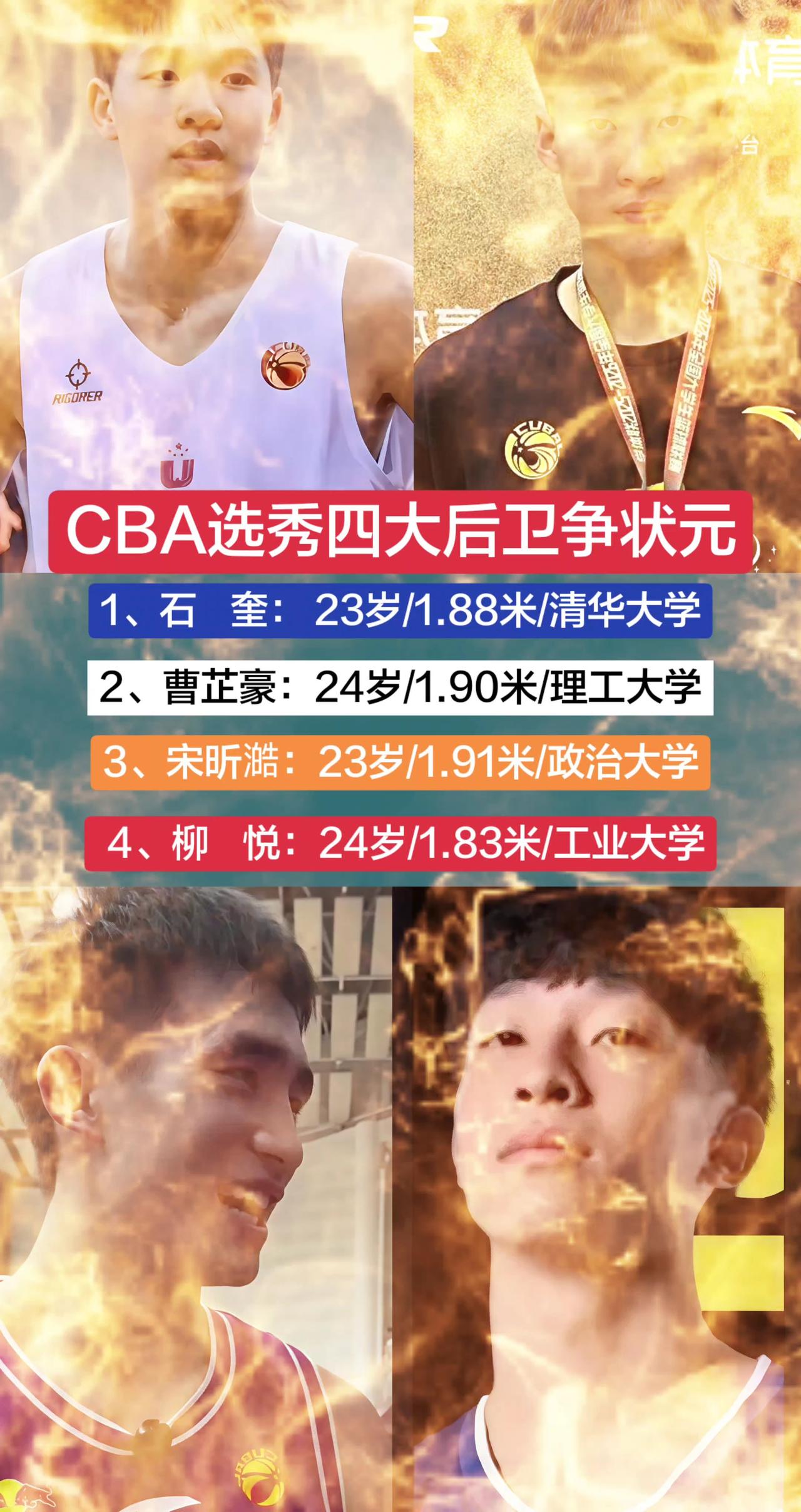 1.石    奎： 23岁/1.88米/清华大学
2.曹芷豪：24岁/1.90米