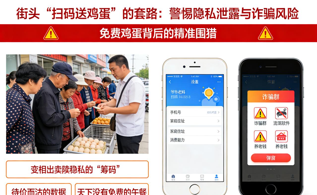 这哪是送温暖，分明是精准围猎。
大爷大妈排队领的那两个鸡蛋，其实是变相出卖隐私的