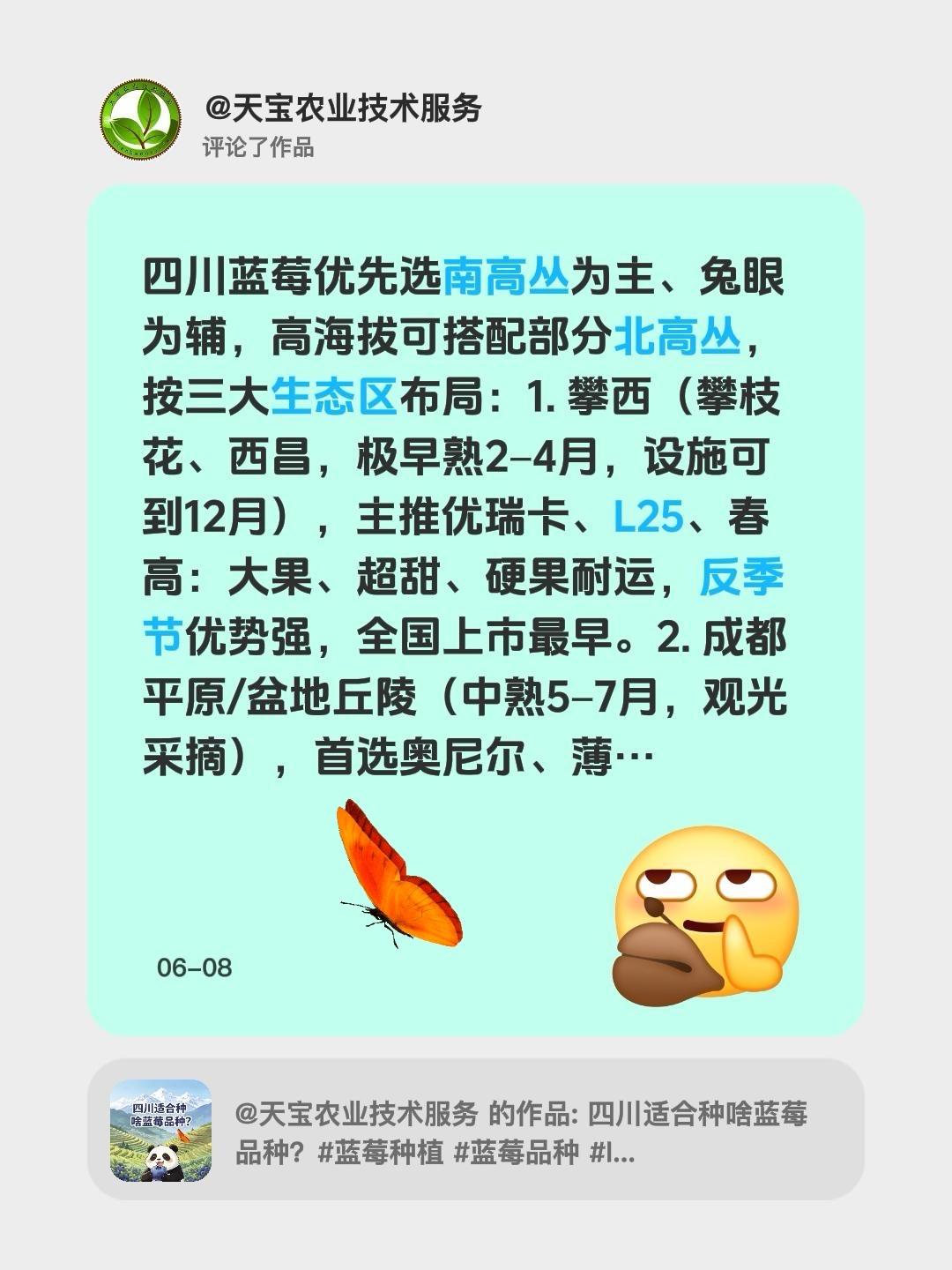 四川适合种啥蓝莓品种？我评论了@天宝农业技术服务 的作品：
四川蓝莓优先选南高丛